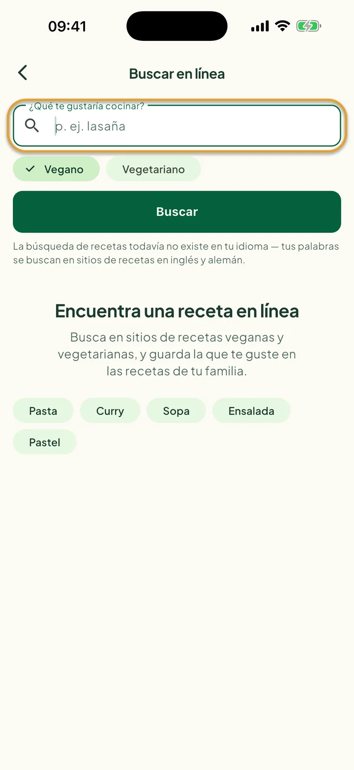 La pantalla Buscar en línea. El campo ¿Qué te gustaría cocinar? está marcado con un círculo.