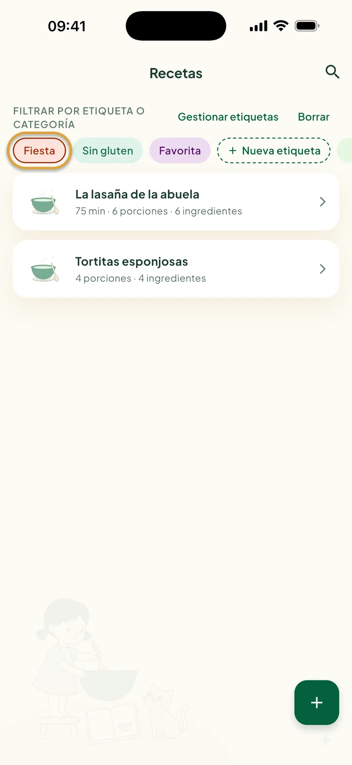 La fila de filtros con Fiesta elegida. Solo aparecen La lasaña de la abuela y Tortitas esponjosas.