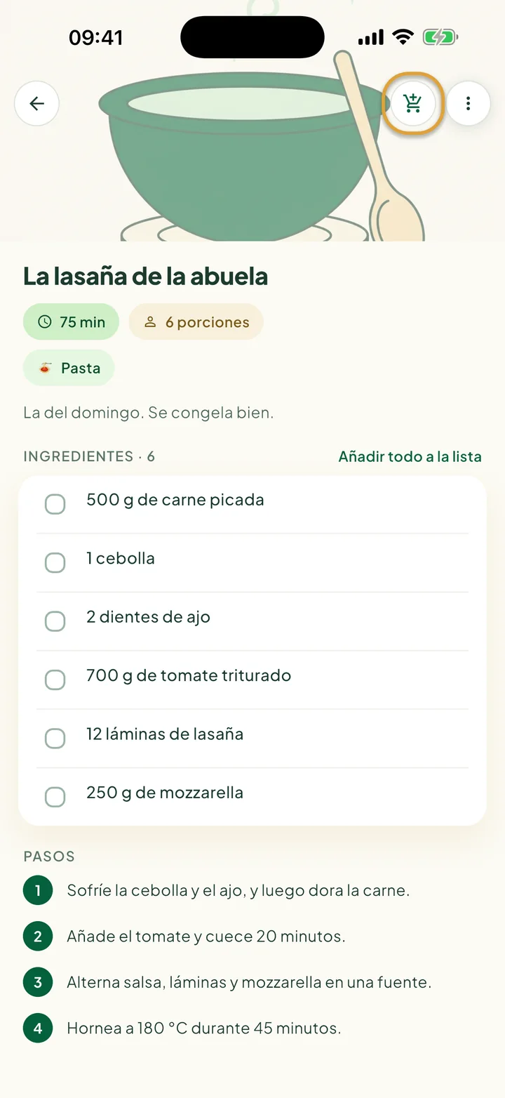Una receta con sus ingredientes. El botón del carrito de arriba está marcado con un círculo.
