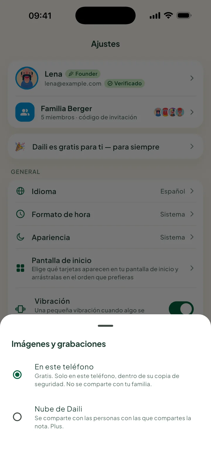 Imágenes y grabaciones, con En este teléfono elegido y Nube de Daili debajo.