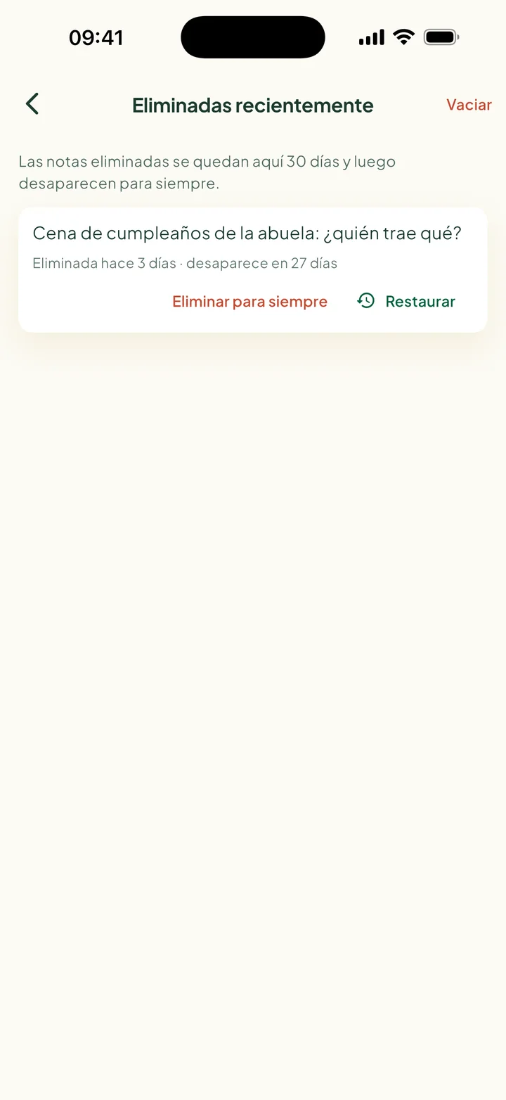 Eliminadas recientemente. Una nota, que desaparece en 27 días, con Eliminar para siempre y Restaurar.