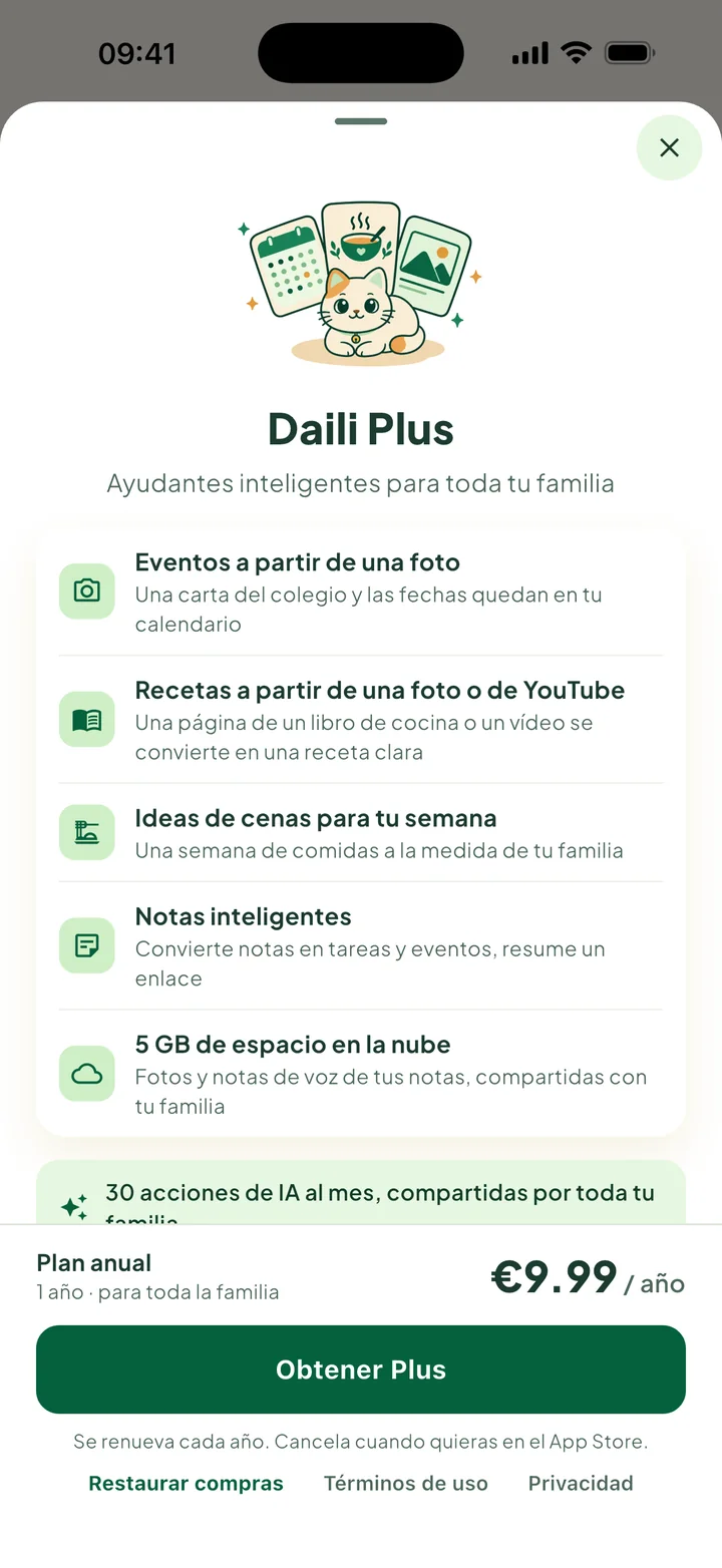 La hoja Daili Plus: lo que obtienes, el precio anual y el botón Obtener Plus.