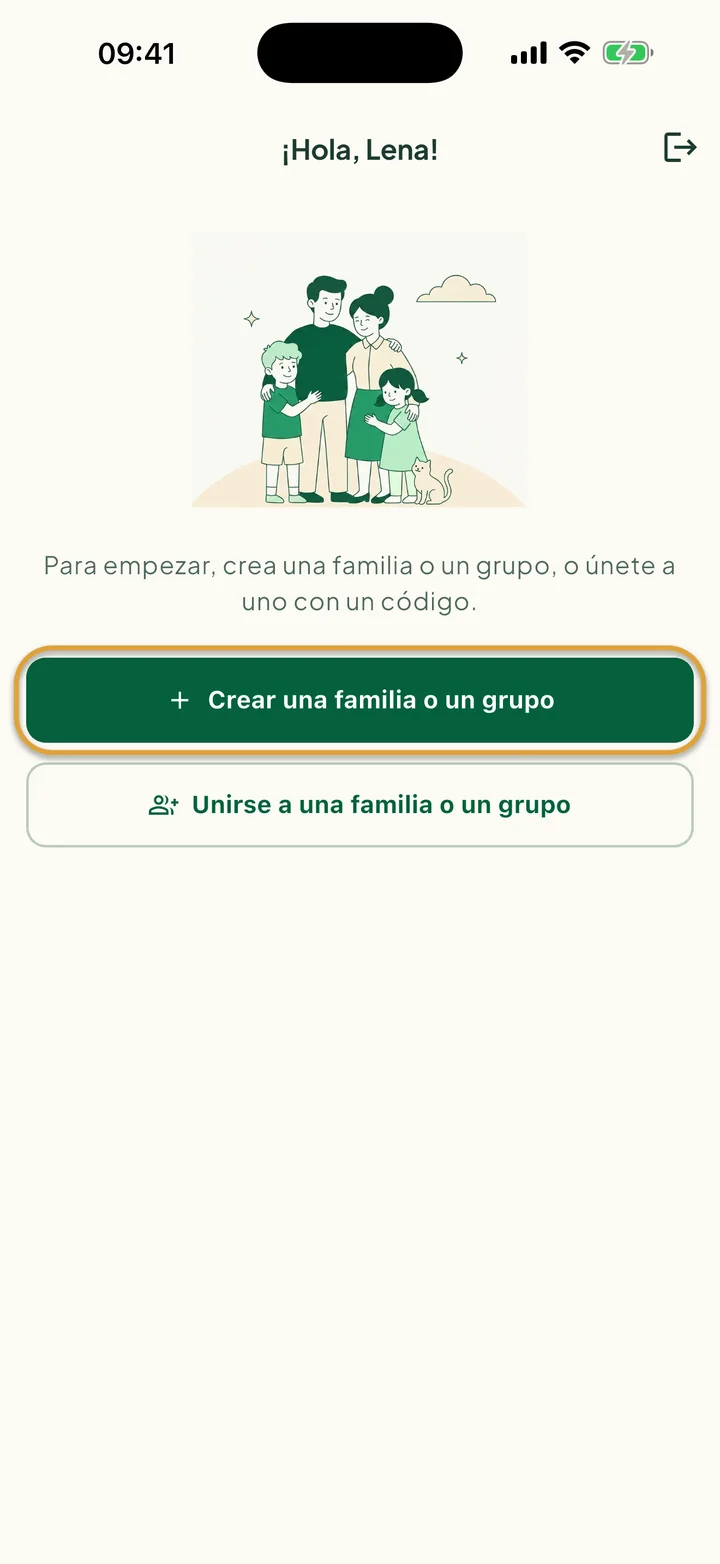 La pantalla de bienvenida para usuarios nuevos. El botón Crear una familia o un grupo está marcado con un círculo.