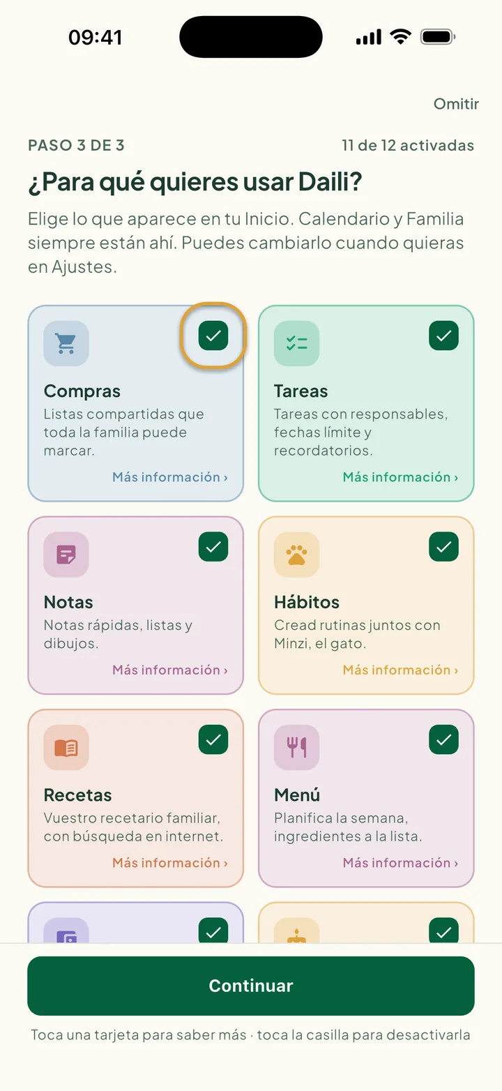 Las tarjetas de funciones. La casilla de la tarjeta Compras está marcada con un círculo.