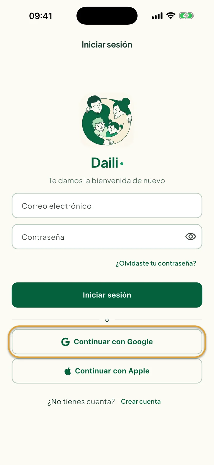 La pantalla Iniciar sesión. El botón Continuar con Google está marcado con un círculo.