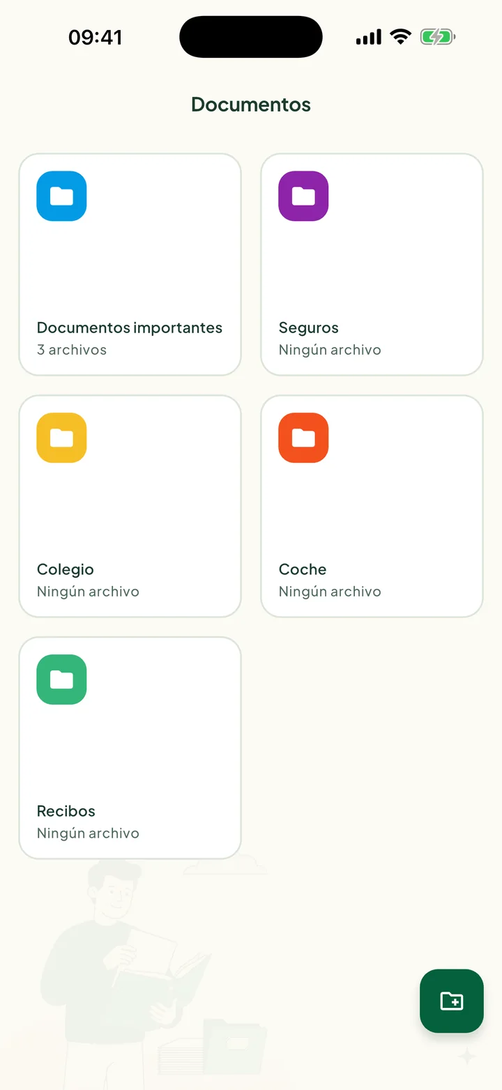La pantalla Documentos con cinco carpetas: Documentos importantes, Seguros, Colegio, Coche y Recibos.