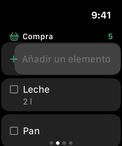 La lista de la compra en el reloj, con Añadir un elemento arriba.