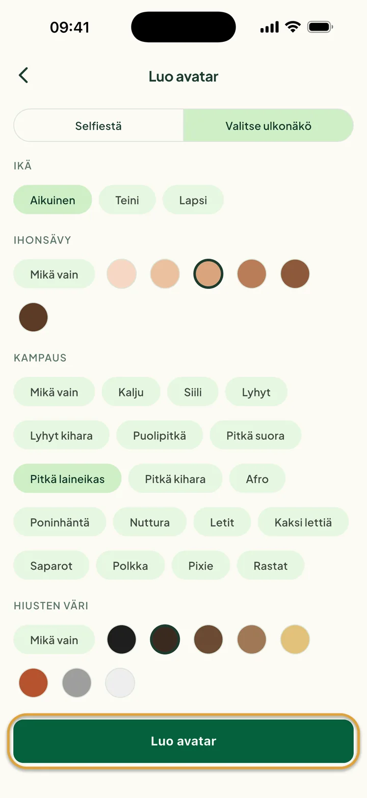 Valitse ulkonäkö, jossa on valittuna Aikuinen, ihonsävy sekä hiuksiksi Pitkä laineikas ja Tummanruskea. Luo avatar on ympyröity.