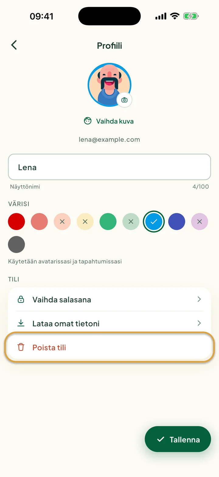 Profiili-näkymä. Poista tili, viimeinen rivi kohdassa Tili, on ympyröity.