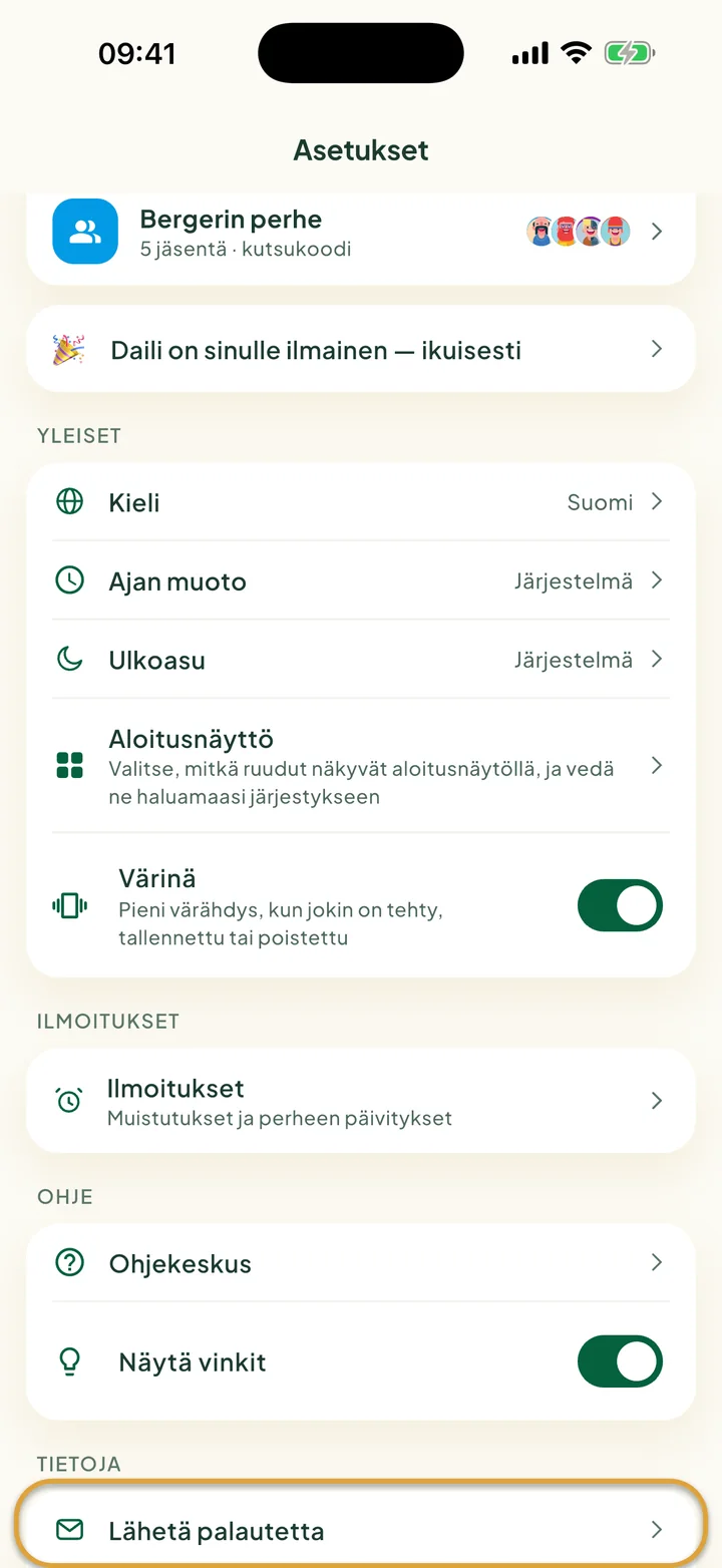 Asetukset-näkymä. Lähetä palautetta kohdassa Tietoja on ympyröity.