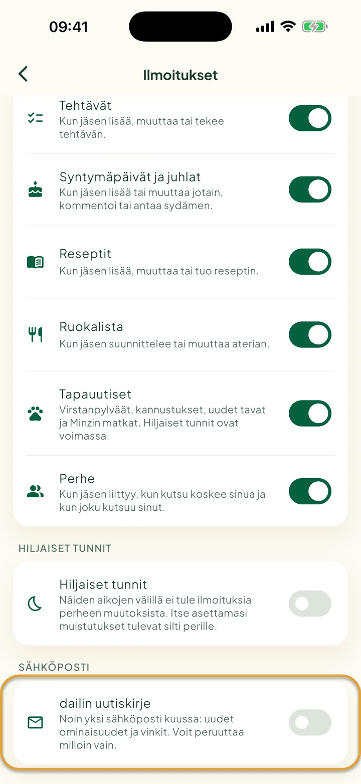 Ilmoitukset-näkymän alaosa. Kytkin dailin uutiskirje kohdassa Sähköposti on ympyröity.