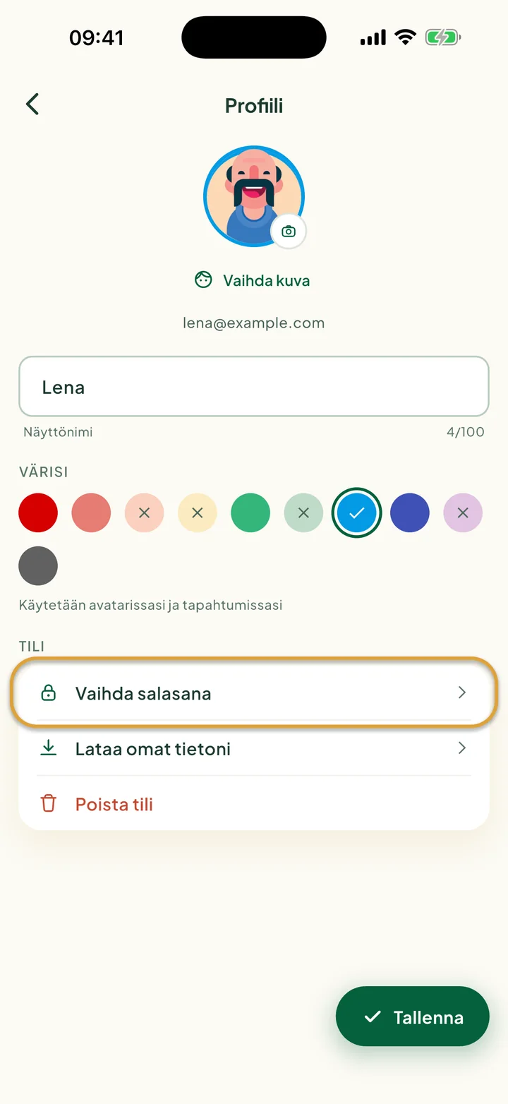 Profiili-näkymä. Vaihda salasana kohdassa Tili on ympyröity.