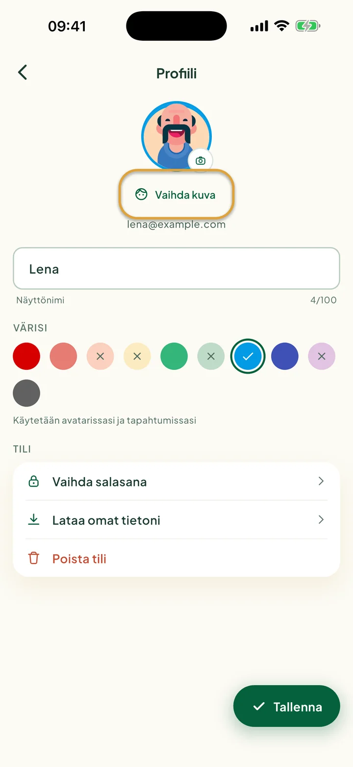 Profiili-näkymä, jossa ovat nimi, värit ja tilin rivit. Vaihda kuva on ympyröity.