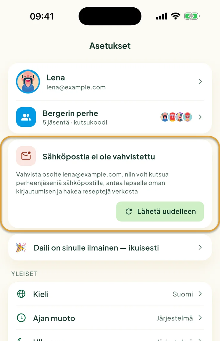 Asetusten yläosa. Kortti Sähköpostia ei ole vahvistettu ja sen Lähetä uudelleen -painike on ympyröity.