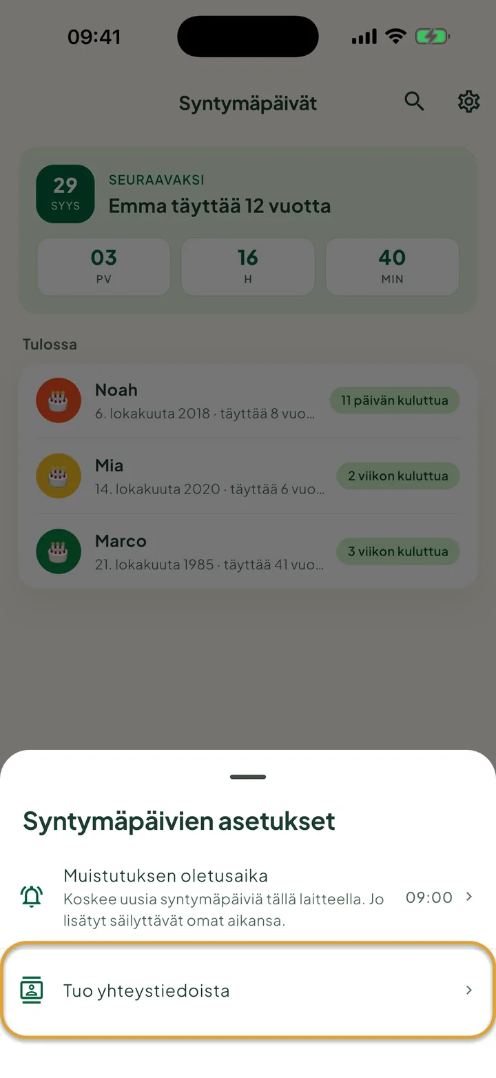 Paneeli Syntymäpäivien asetukset. Rivi Tuo yhteystiedoista on ympyröity.