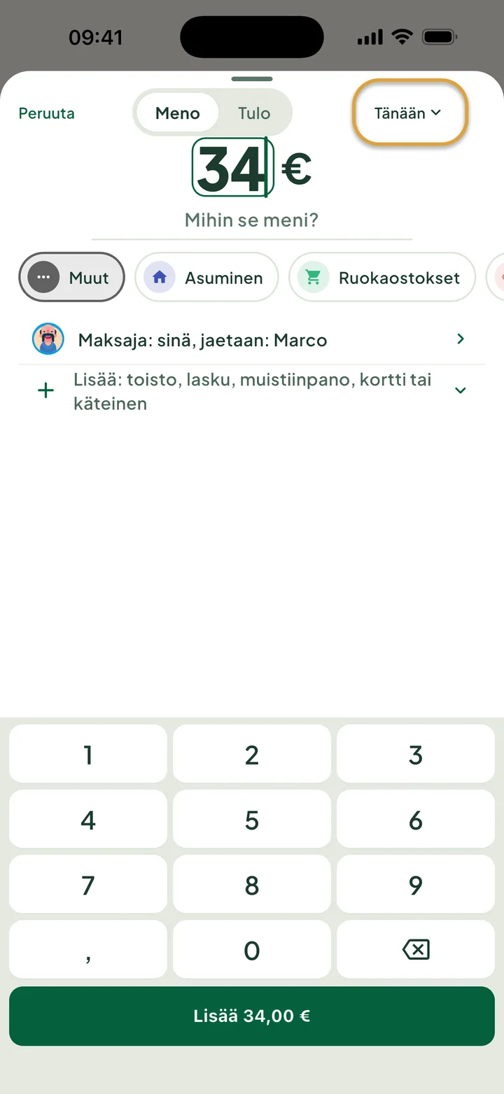 34 €:n menon lisääminen numeronäppäimistöllä. Tänään-painike ylhäällä on ympyröity.