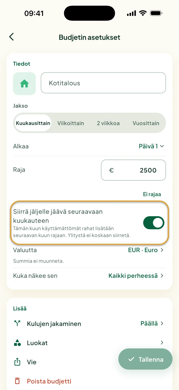 Budjetin asetukset, joissa Siirrä jäljelle jäävä seuraavaan kuukauteen on päällä. Kytkin on ympyröity.