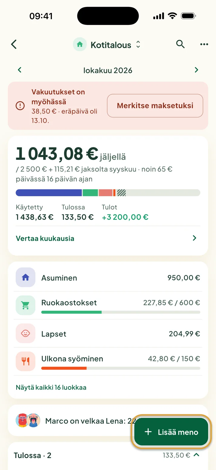 Kotitalouden budjetti lokakuulle: myöhässä oleva lasku ylimpänä, jäljellä oleva summa, väripalkki ja luokat. Lisää meno -painike on ympyröity.