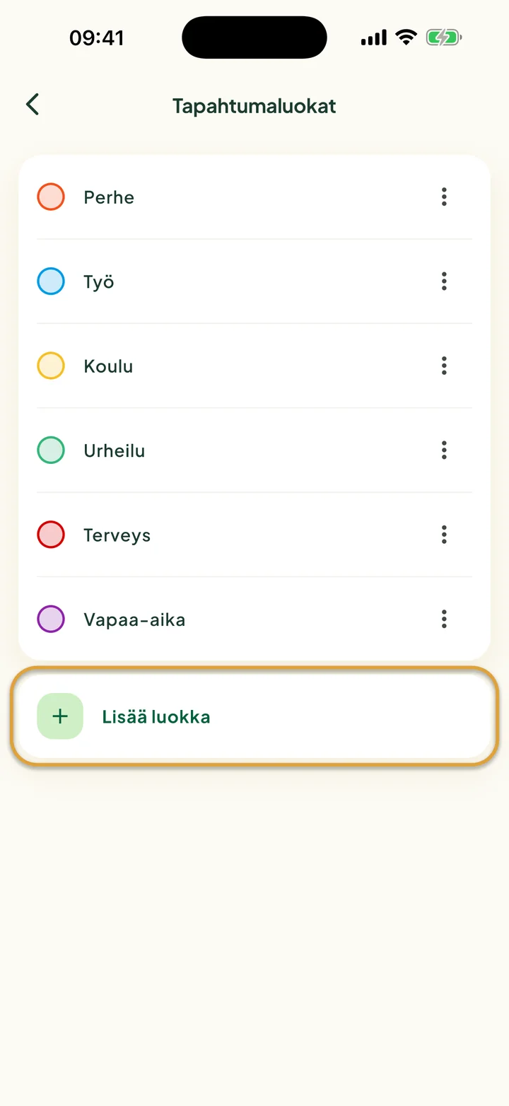 Näkymä Tapahtumaluokat, jossa on kuusi luokkaa. Rivi Lisää luokka on ympyröity.