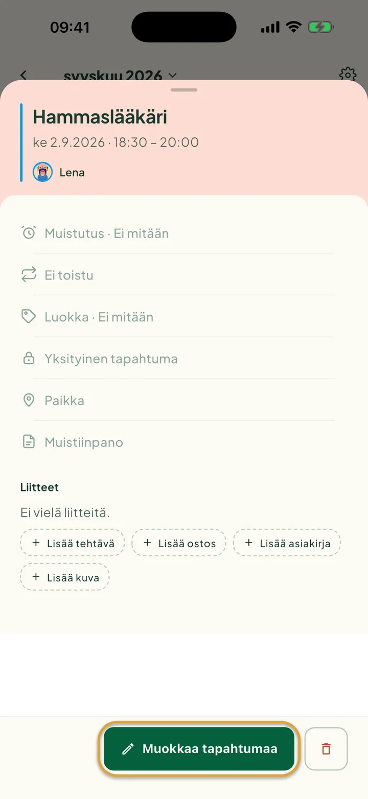 Kalenterista avattu tapahtuma. Painike Muokkaa tapahtumaa on ympyröity, ja sen vieressä on poistopainike.