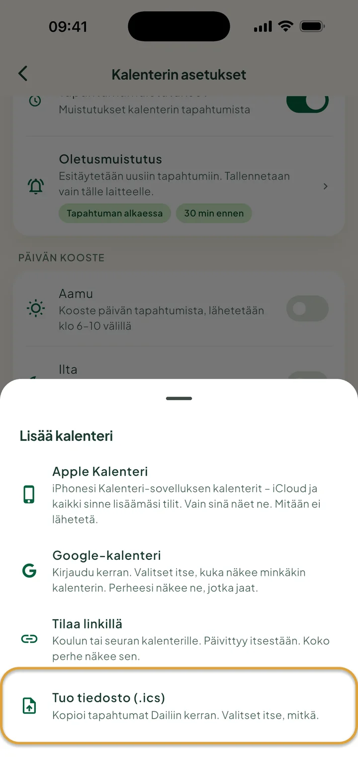 Lisää kalenteri -ikkuna kalenterin asetuksissa. Tuo tiedosto (.ics) on ympyröity.