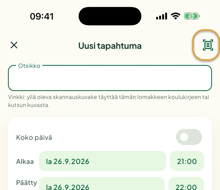 Uusi tapahtuma -näkymä. Skannauskuvake oikeassa yläkulmassa on ympyröity.