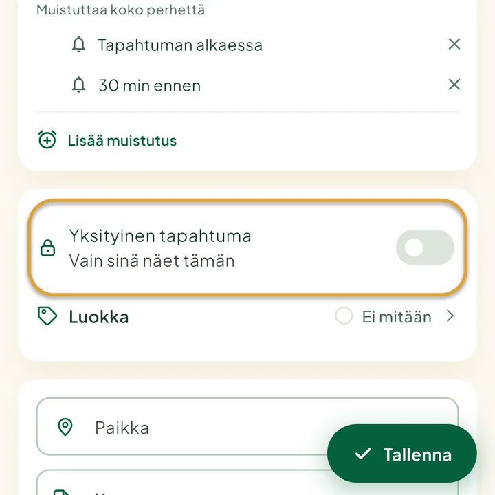 Tapahtuman lomake. Kytkin Yksityinen tapahtuma on ympyröity.