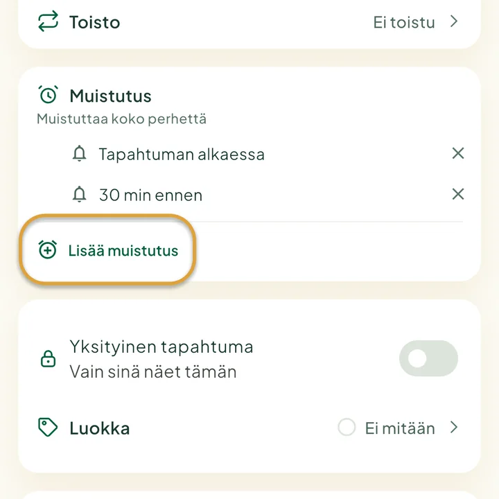 Tapahtumalomakkeen Muistutus-osio, jossa on kaksi muistutusta. Painike Lisää muistutus on ympyröity.