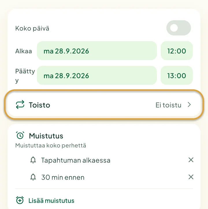 Uuden tapahtuman lomake. Rivi Toisto on ympyröity.