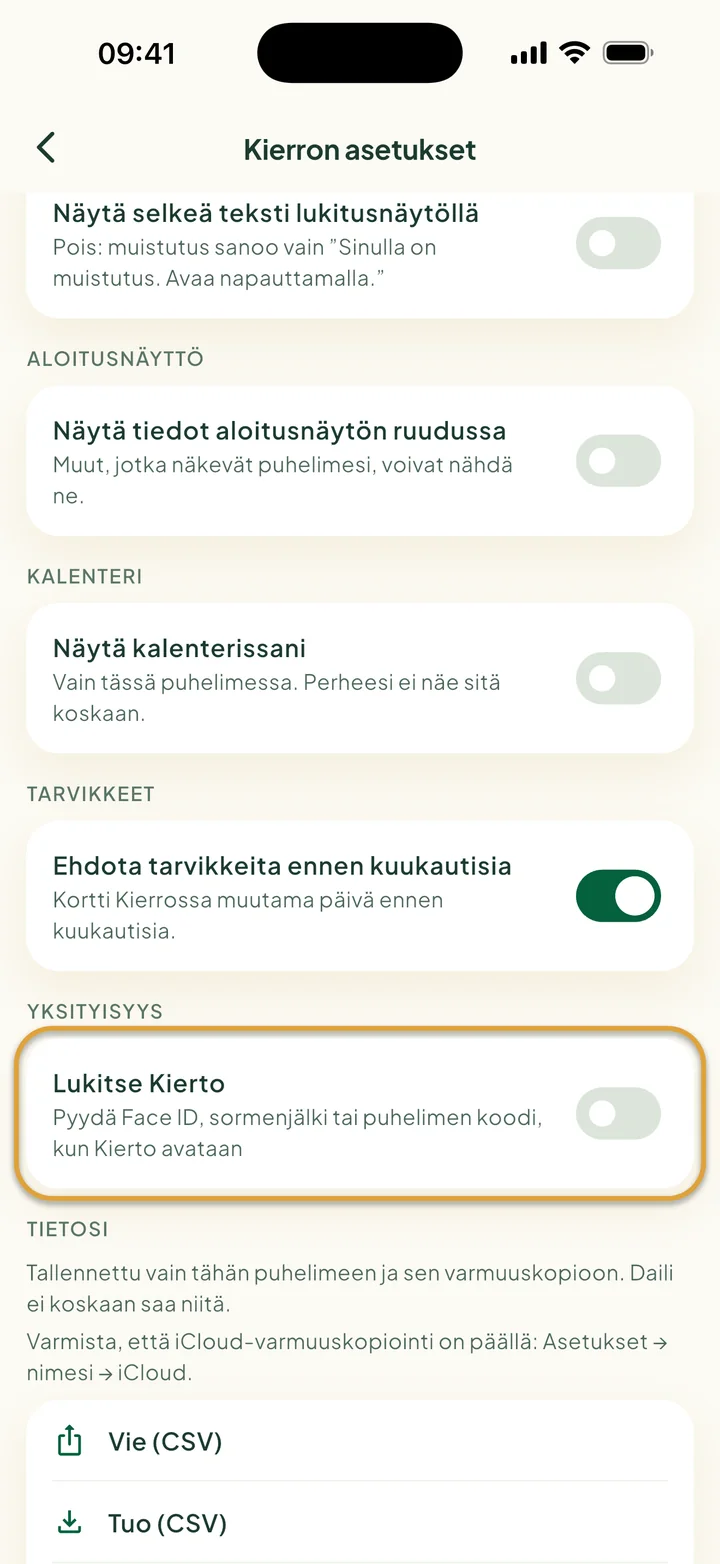 Kierron asetukset, joissa ovat Näytä kalenterissani, tarvikkeiden kytkin ja Vie (CSV). Lukitse Kierto on ympyröity.