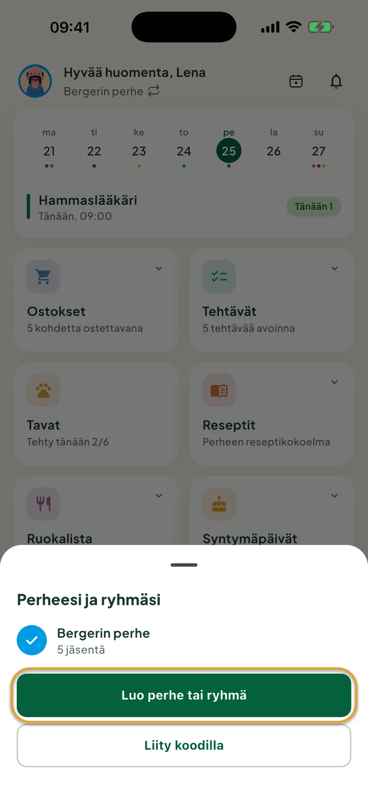 Paneeli Perheesi ja ryhmäsi aloitusnäytön päällä. Painike Luo perhe tai ryhmä on ympyröity.