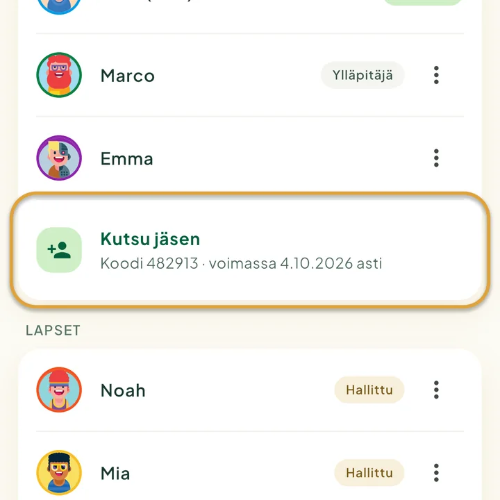 Perhe-näkymä. Kutsu jäsen, jonka alla ovat nykyinen koodi ja sen päättymispäivä, on ympyröity.