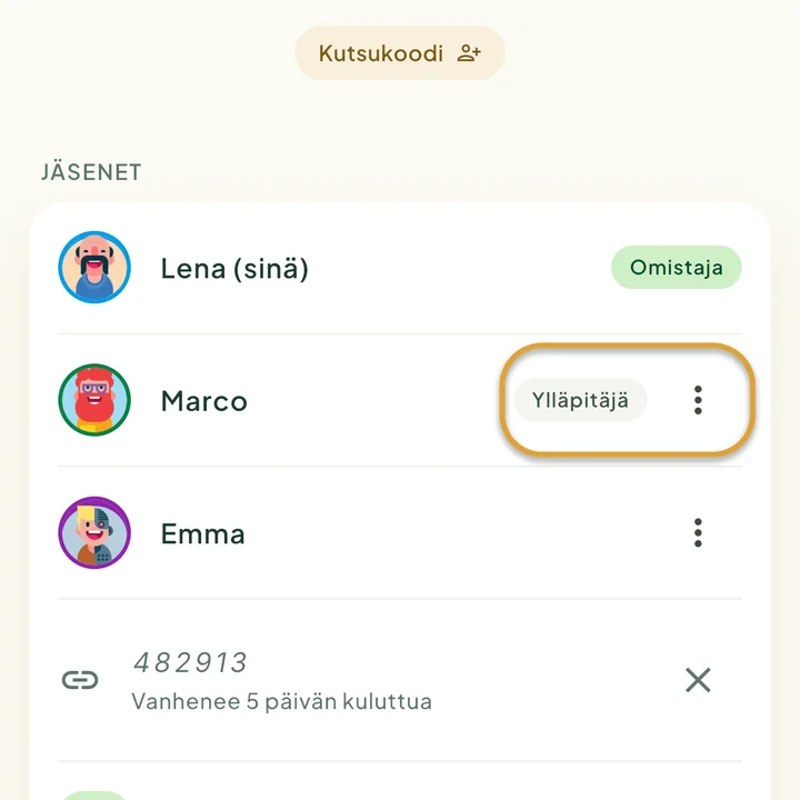 Perhe-näkymän jäsenlista, jossa on merkinnät Omistaja ja Ylläpitäjä. Merkintä Ylläpitäjä ja Marcon vieressä oleva ⋮-painike on ympyröity.