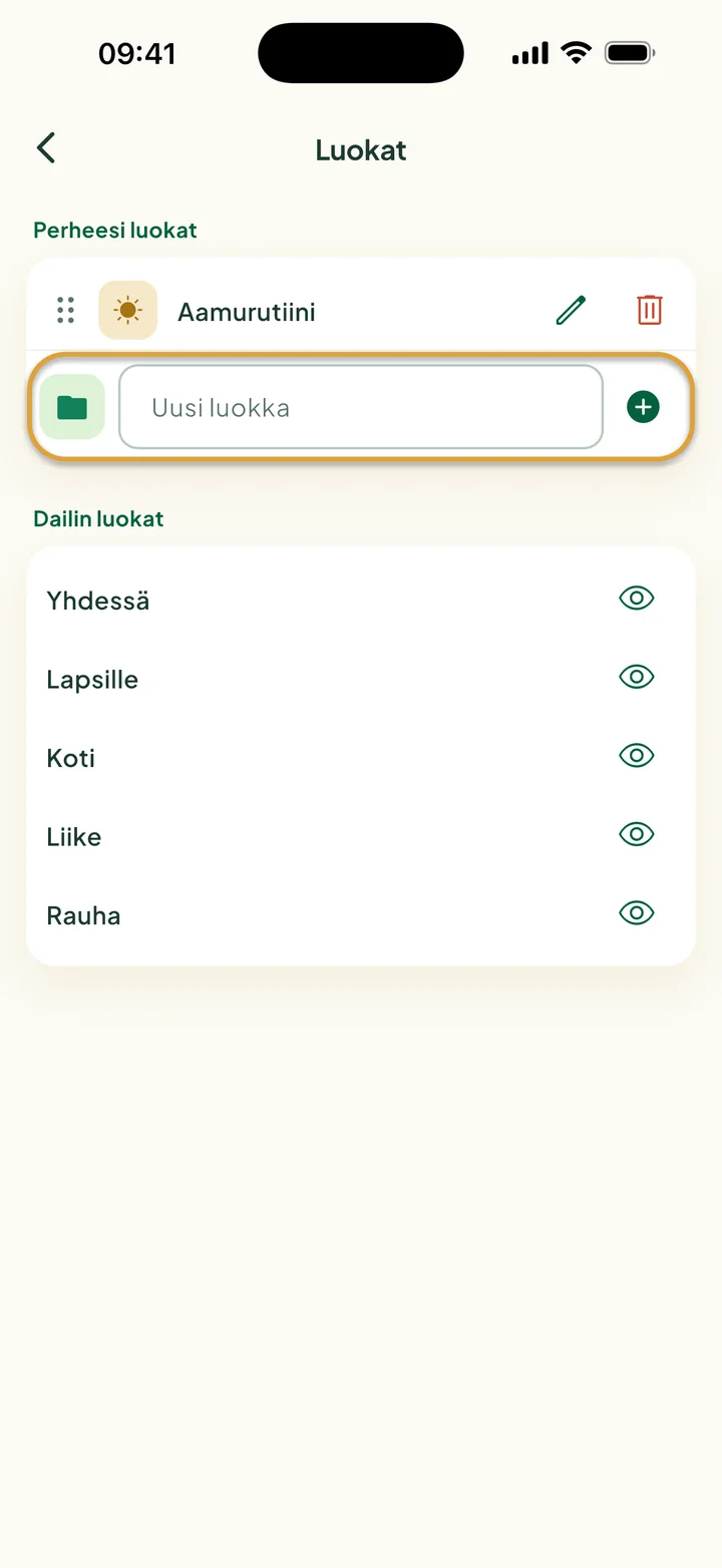 Luokat-näkymä, jossa on luokka Aamurutiini. Uusi luokka -kenttä on ympyröity.