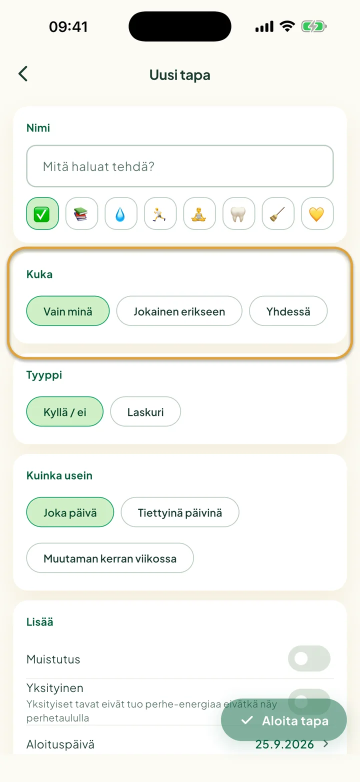 Uuden tavan lomake. Kohdan Kuka valinnat Vain minä, Jokainen erikseen ja Yhdessä on ympyröity.