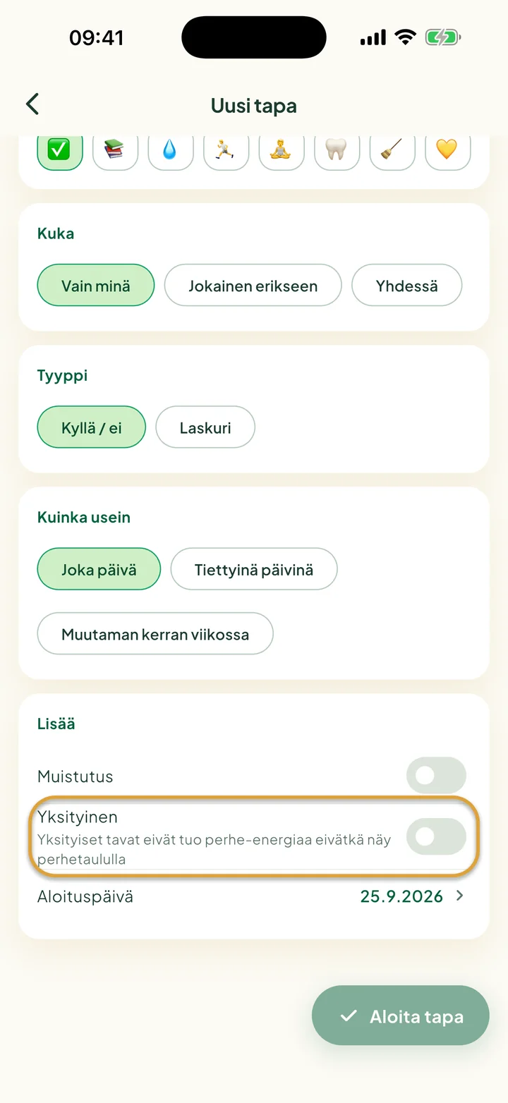 Uuden tavan lomakkeen Lisää-osio. Kytkin Yksityinen on ympyröity.