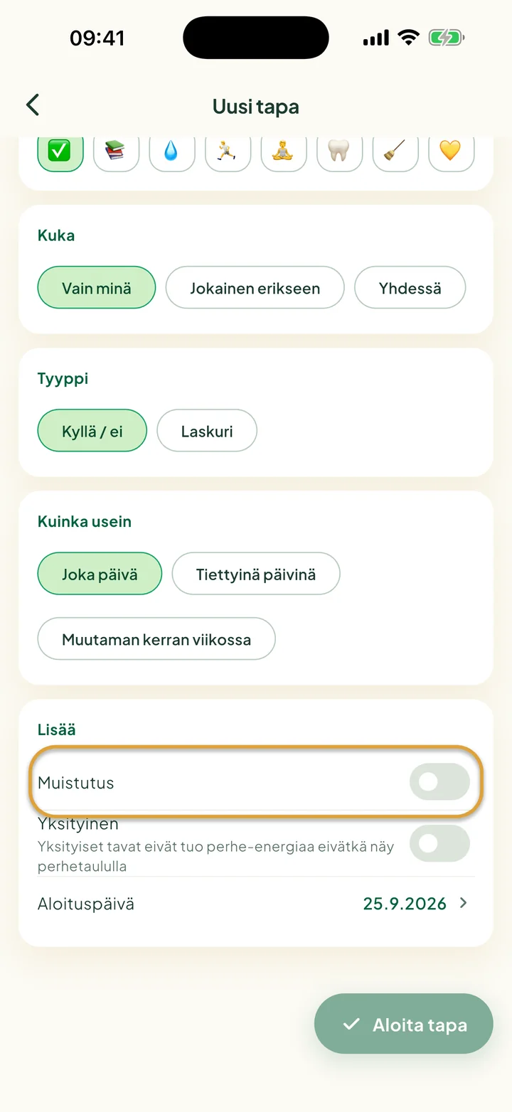 Uuden tavan lomakkeen Lisää-osio. Kytkin Muistutus on ympyröity.