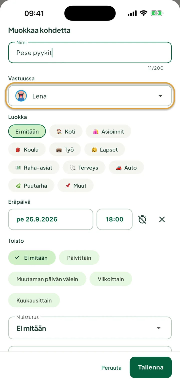Tehtävän muokkauspaneeli. Kenttä Vastuussa, jossa on Lena, on ympyröity.