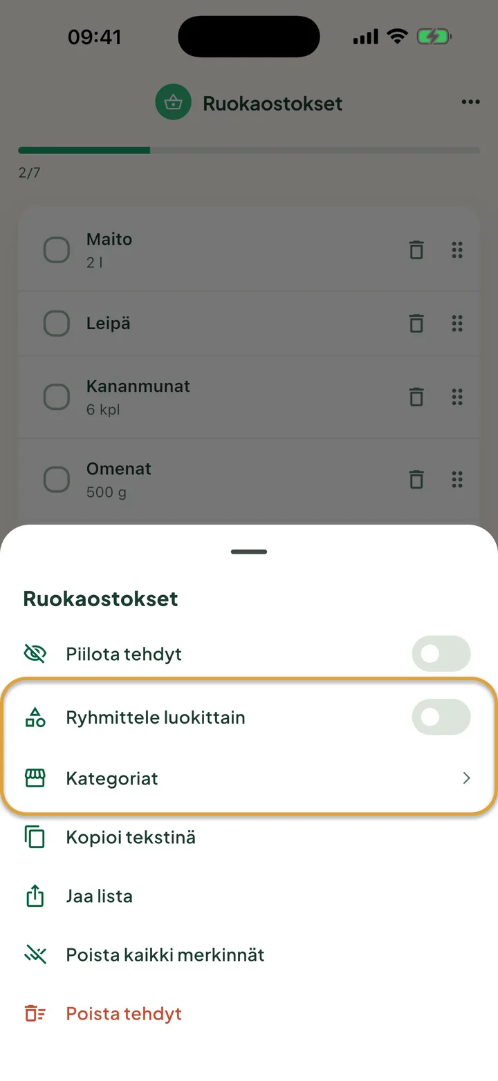Ruokaostokset-listan ⋯-valikko. Kytkin Ryhmittele luokittain ja rivi Kategoriat on ympyröity.