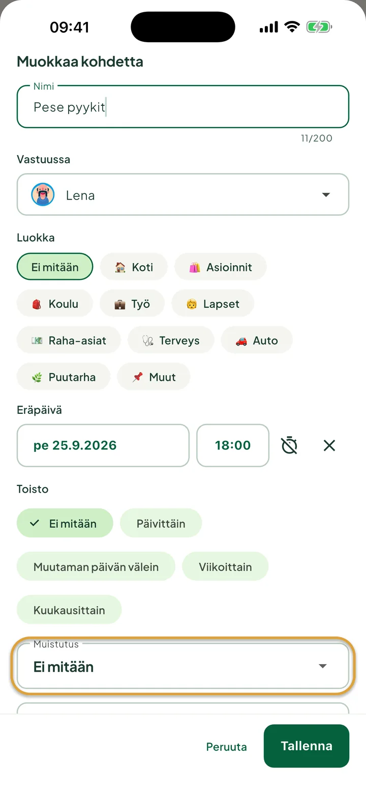Tehtävän muokkauspaneeli, jossa on eräpäivä ja kellonaika. Kenttä Muistutus on ympyröity.