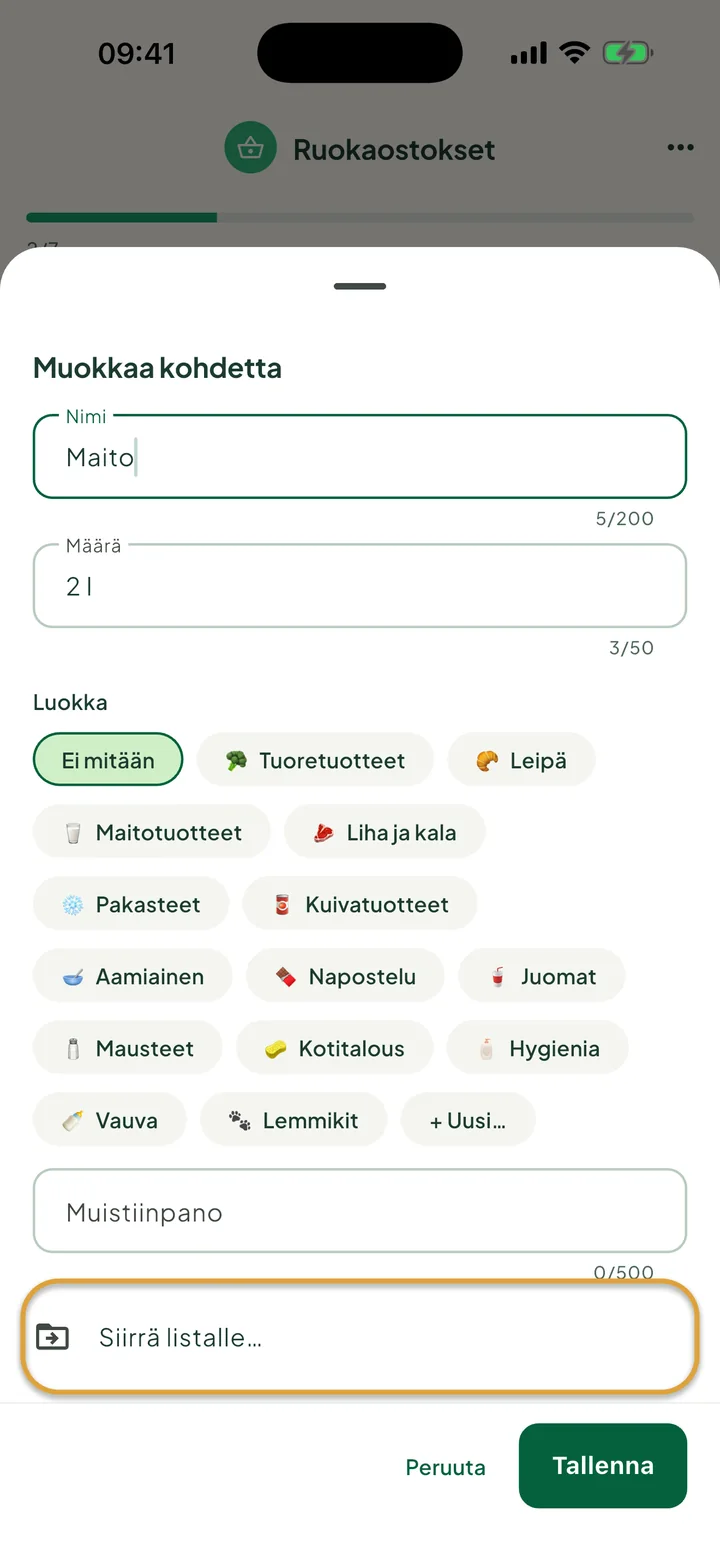 Maito-kohteen muokkauspaneeli. Rivi Siirrä listalle… on ympyröity.