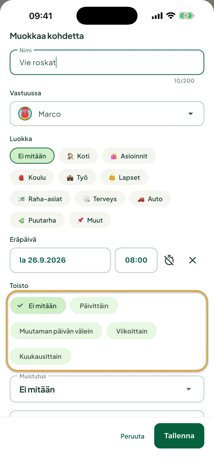 Tehtävän muokkauspaneeli. Kohdan Toisto valinnat Ei mitään, Päivittäin, Muutaman päivän välein, Viikoittain ja Kuukausittain on ympyröity.