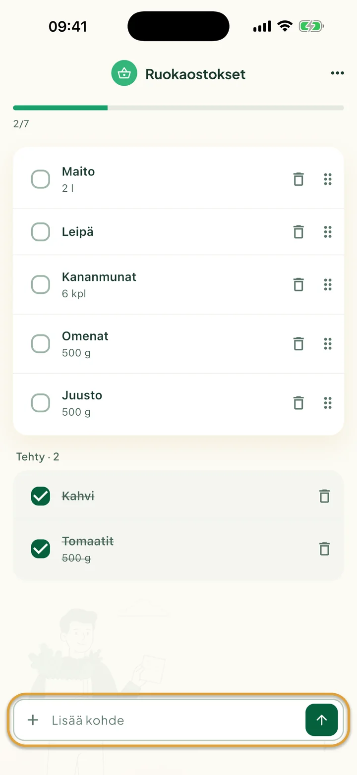 Ruokaostokset-lista, jossa on avoimia ostoksia ja kaksi merkittyä kohdan Tehty alla. Alareunan Lisää kohde -palkki on ympyröity.