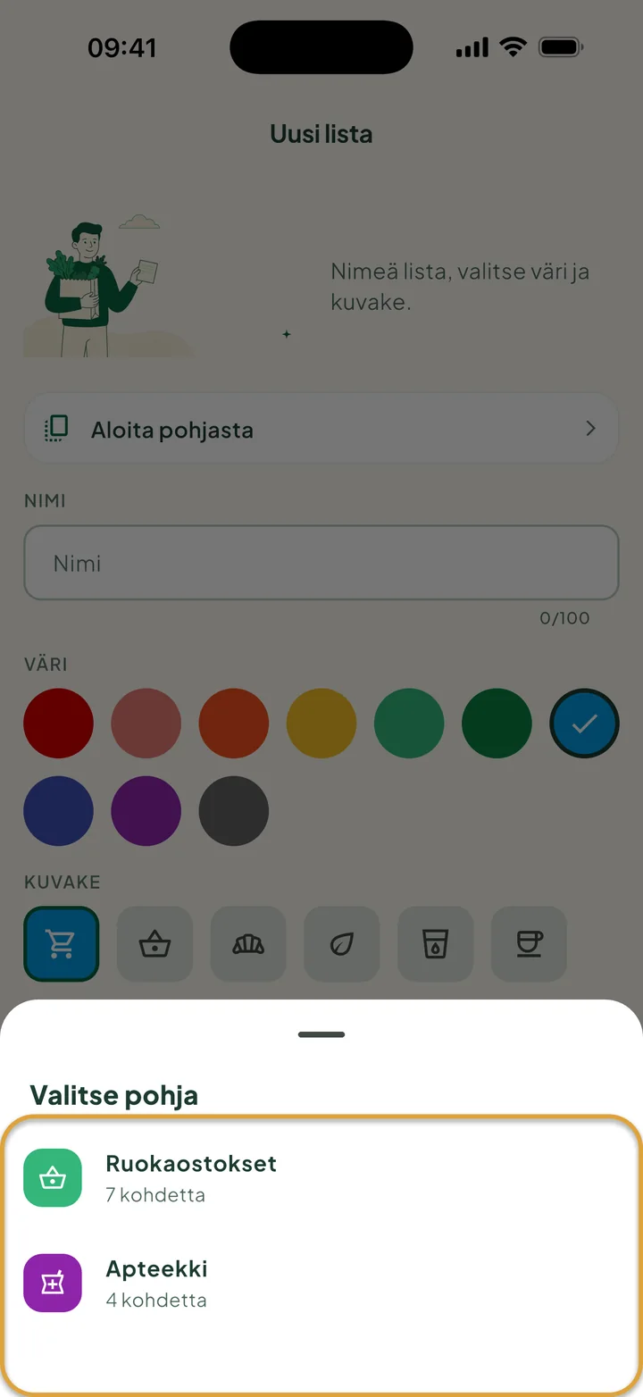 Uusi lista -näkymä, jossa Valitse pohja on auki ja siinä kaksi pohjaa. Pohjien lista on ympyröity.