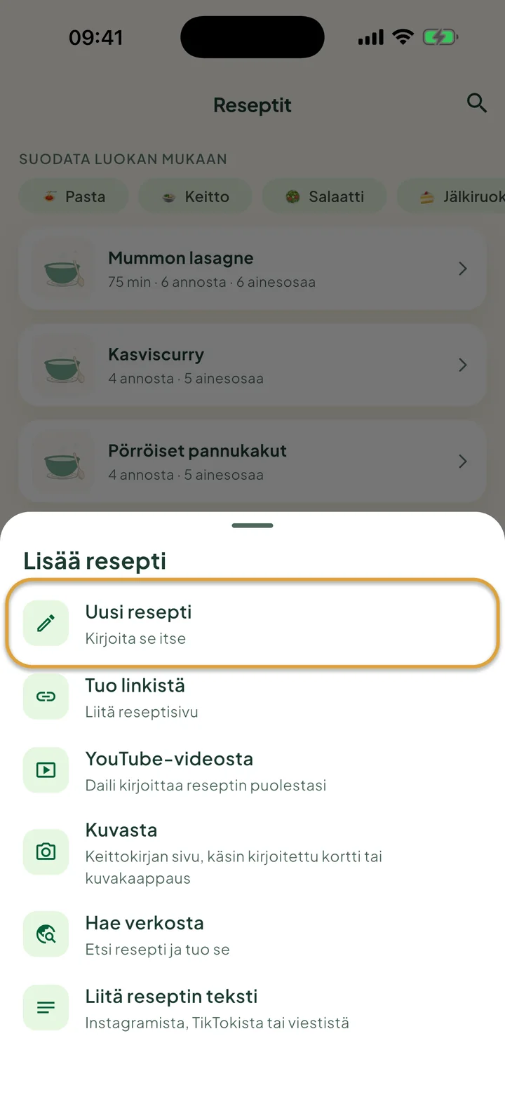Reseptit-näkymä, jossa +-valikko on auki. Uusi resepti on ympyröity.