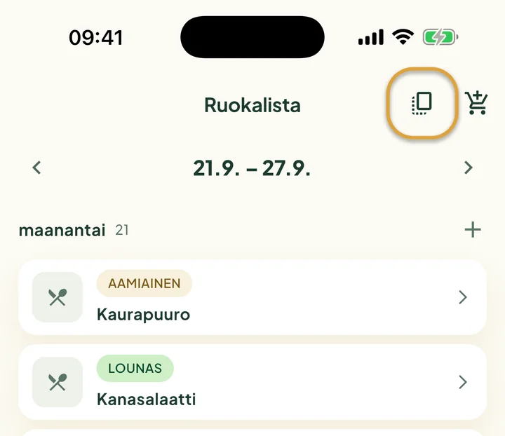 Ruokalistan yläosa. Ostoskärryn vieressä oleva kopiointipainike on ympyröity.