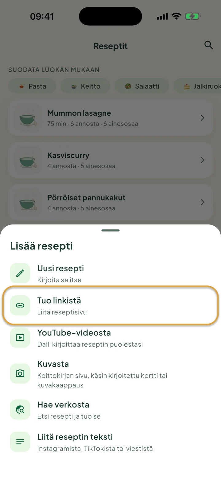 Reseptit-näkymä, jossa +-valikko on auki. Tuo linkistä on ympyröity.