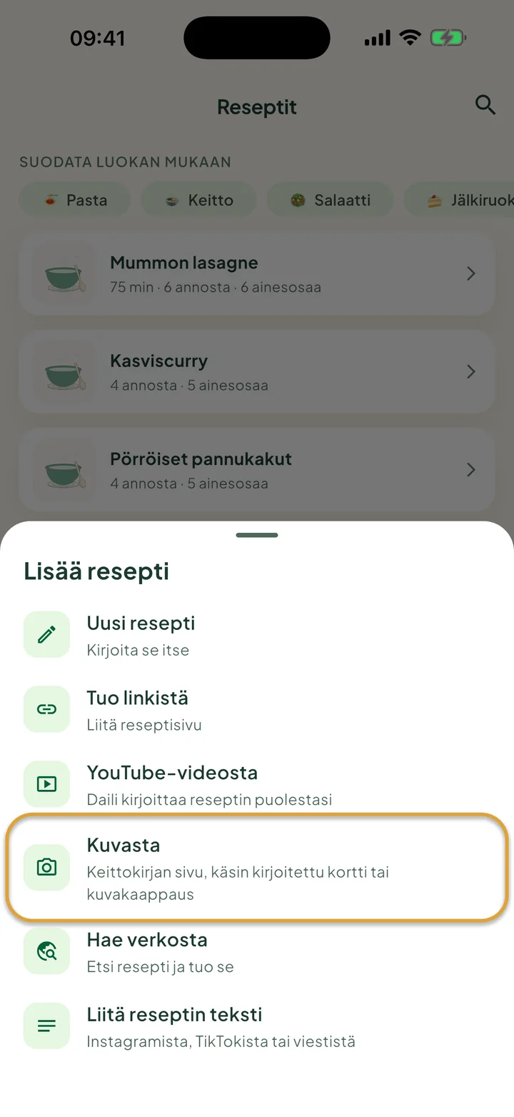 Reseptit-näkymä, jossa +-valikko on auki. Kuvasta on ympyröity.