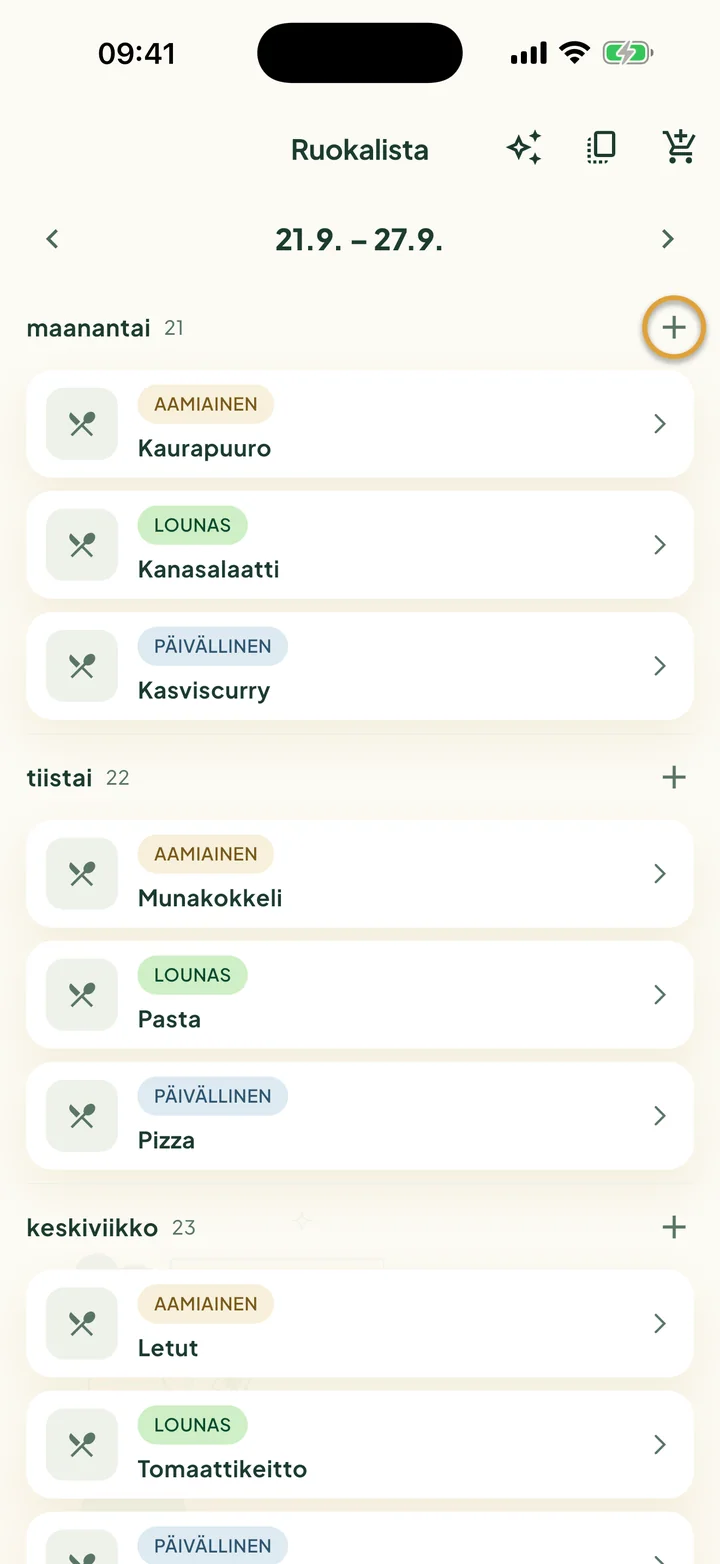 Yhden viikon ruokalista. Maanantain vieressä oleva + on ympyröity.
