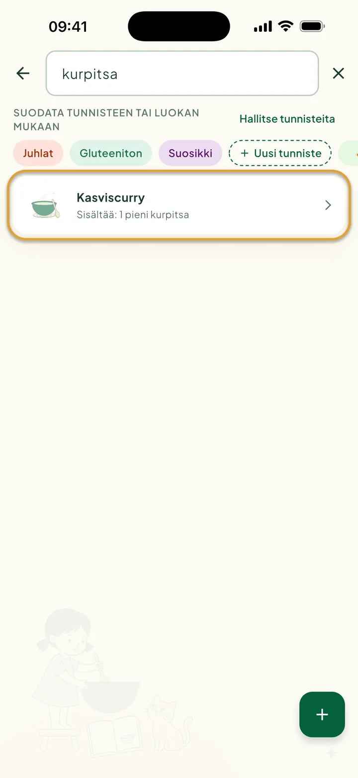 Haku sanalla kurpitsa. Kasviscurryn kohdalla lukee Sisältää: 1 pieni kurpitsa.